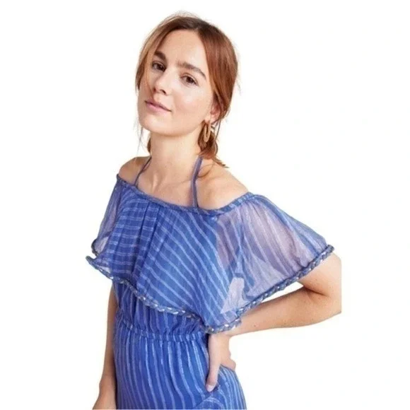 Misa Los Angeles Dress Blue Gold Medium Ambrosia Ruffle Hem Boho Festival NEW - Picture 13 of 16